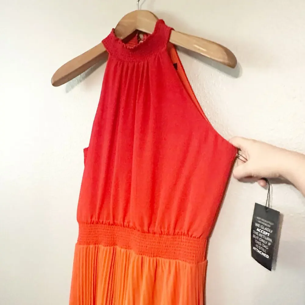 WHBM Orange Ombre Halter Pleated Shark-bite Midi Dress women’s size 6 NEW - Picture 4 of 12